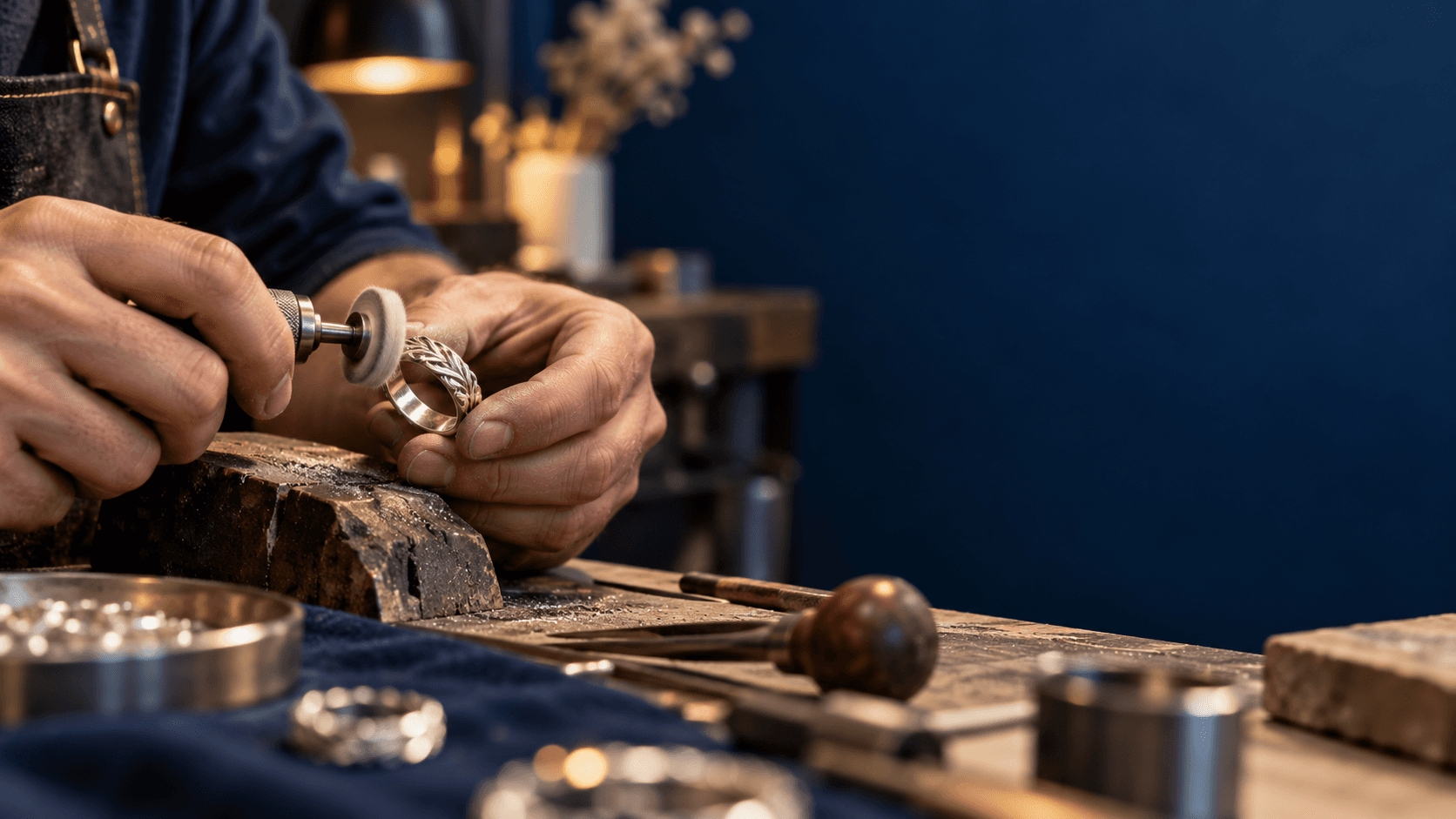 Artisan hand-finishing a sterling silver ring at the workbench